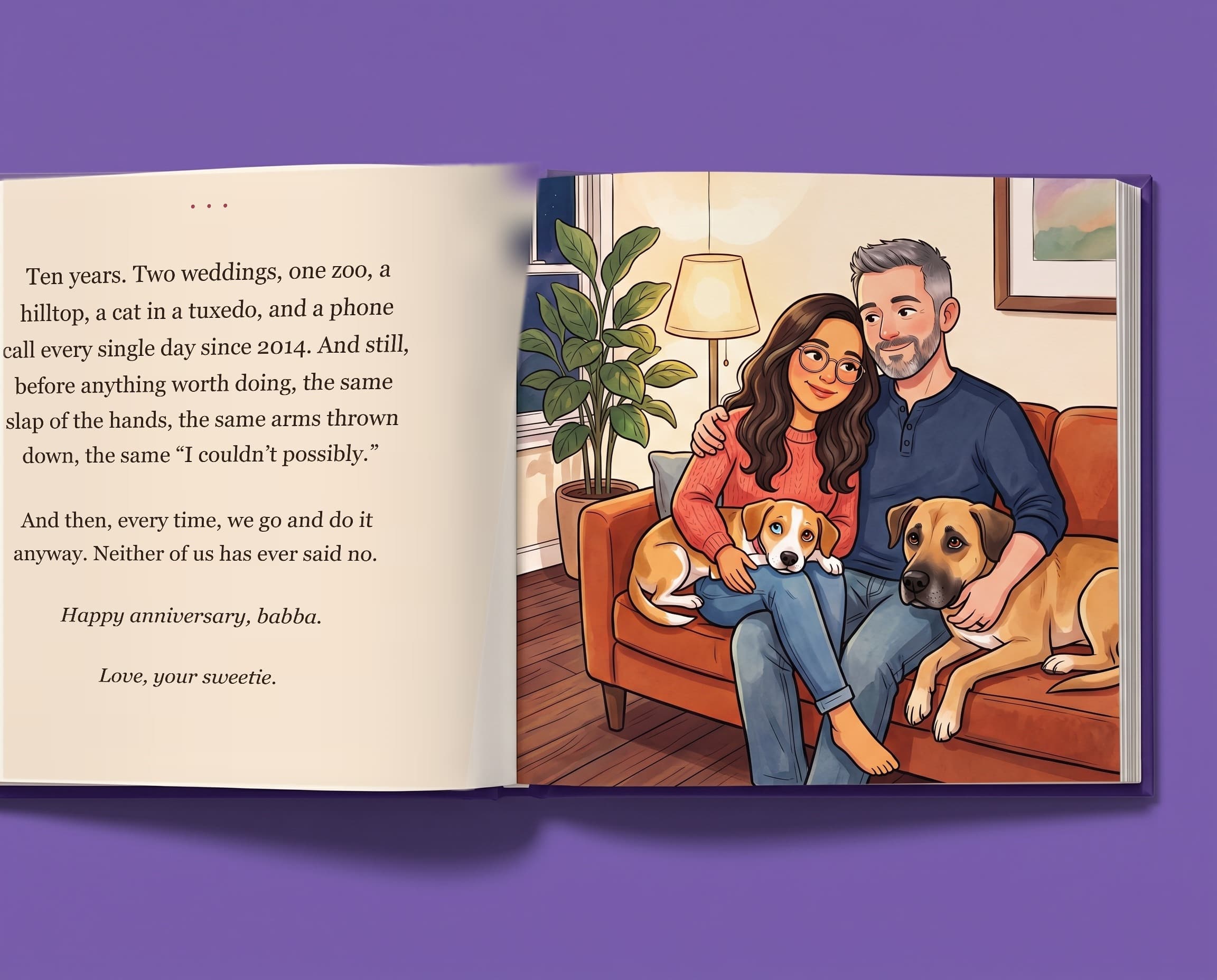 Open hardcover showing the painted spread of the couple on the couch at home with their two dogs