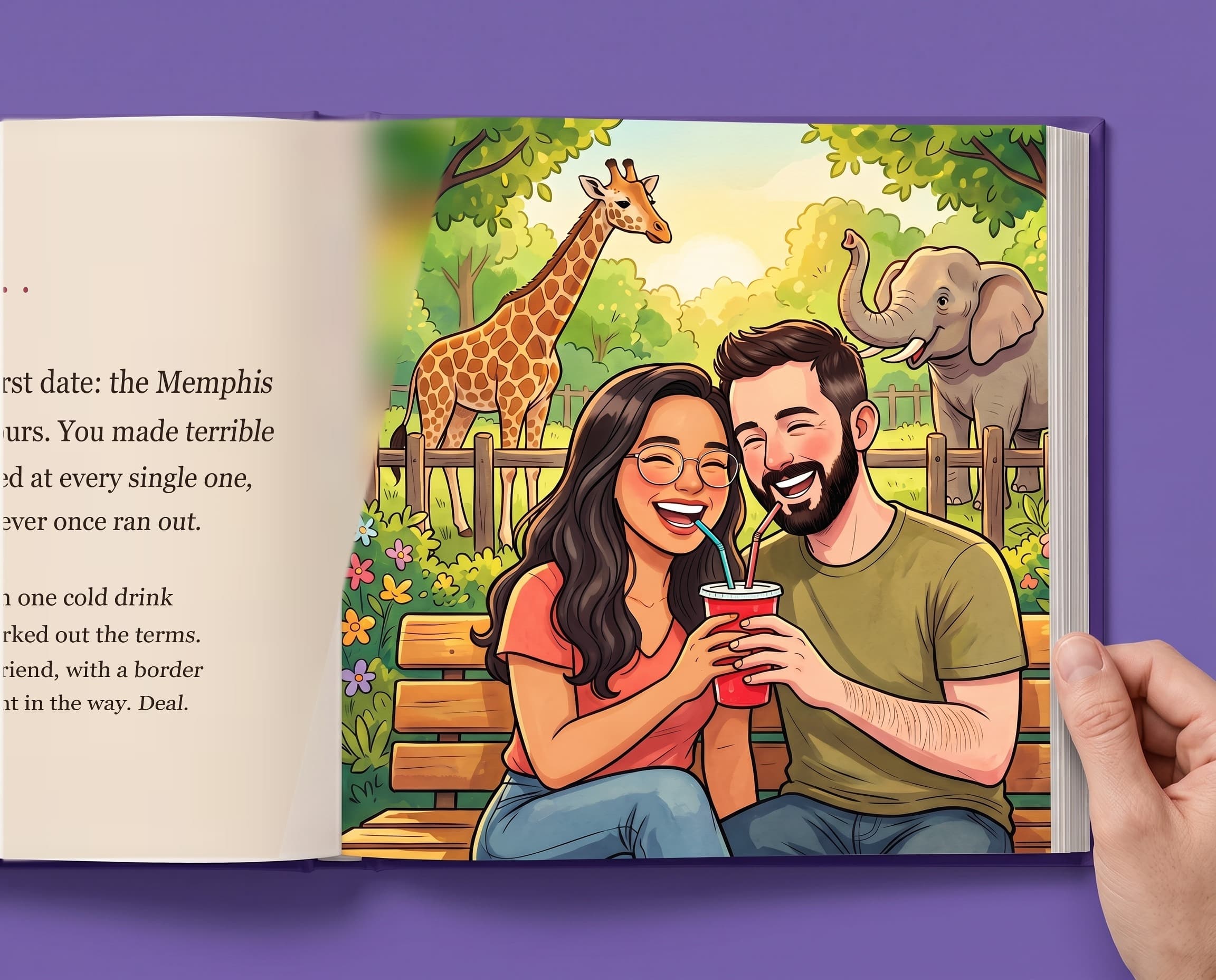 Open hardcover showing the painted zoo date spread: the couple laughing over one drink, a giraffe and elephant behind them